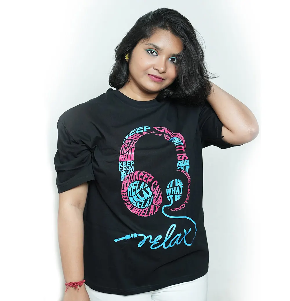 Woman wearing Headphone T-shirt and giving pose