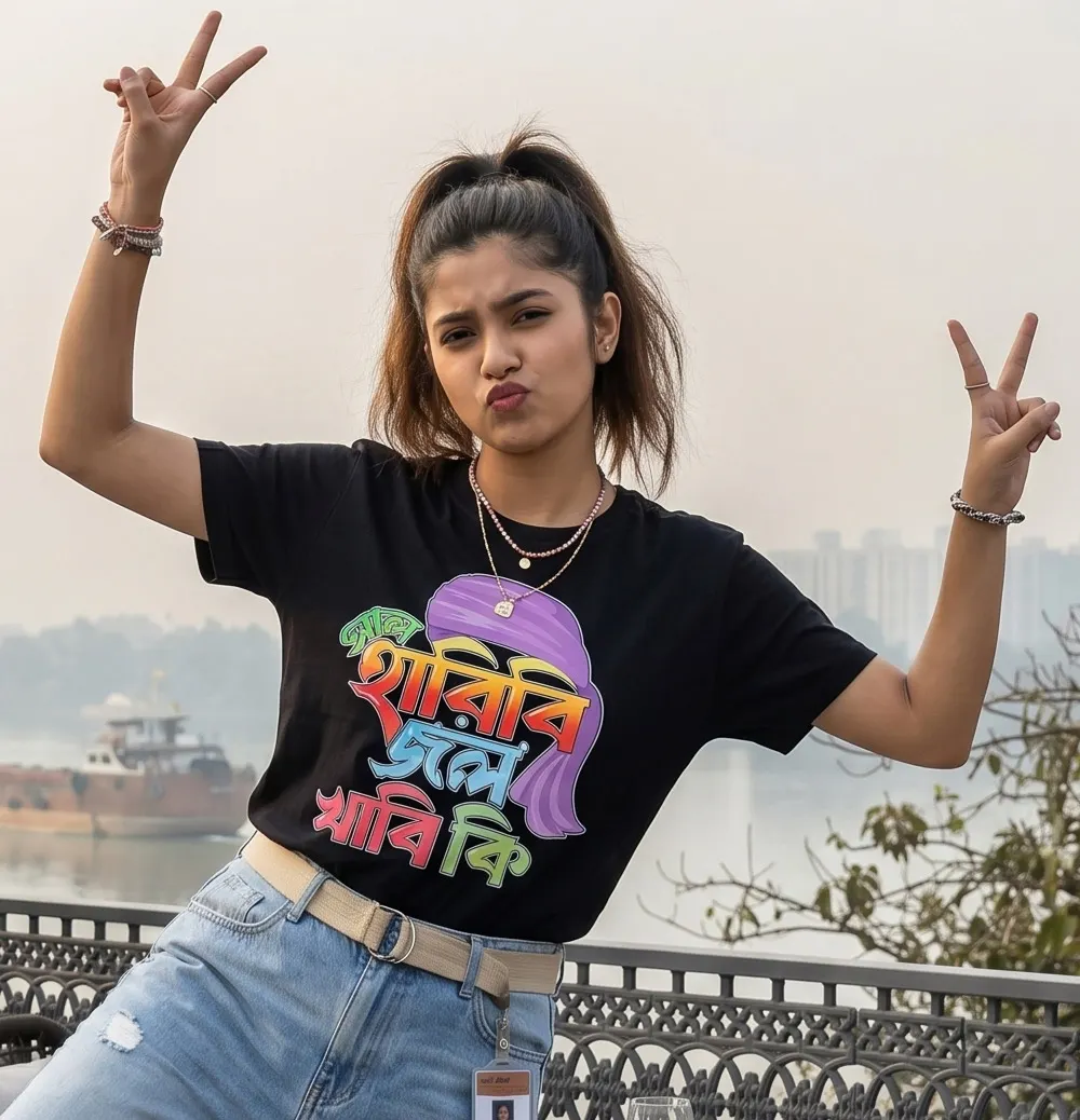 Girl Wearing Funky Bengali Quote T-shirt