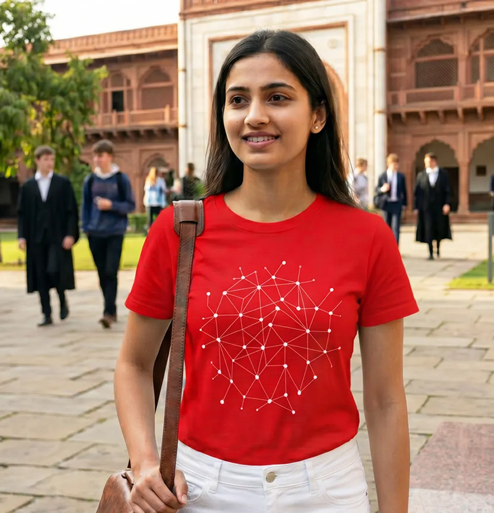 Woman wearing a red atom science T-shirt on a college campus