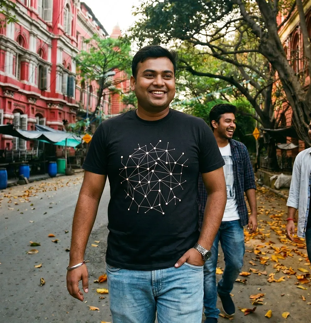 Man wearing an atom themed graphic T-shirt