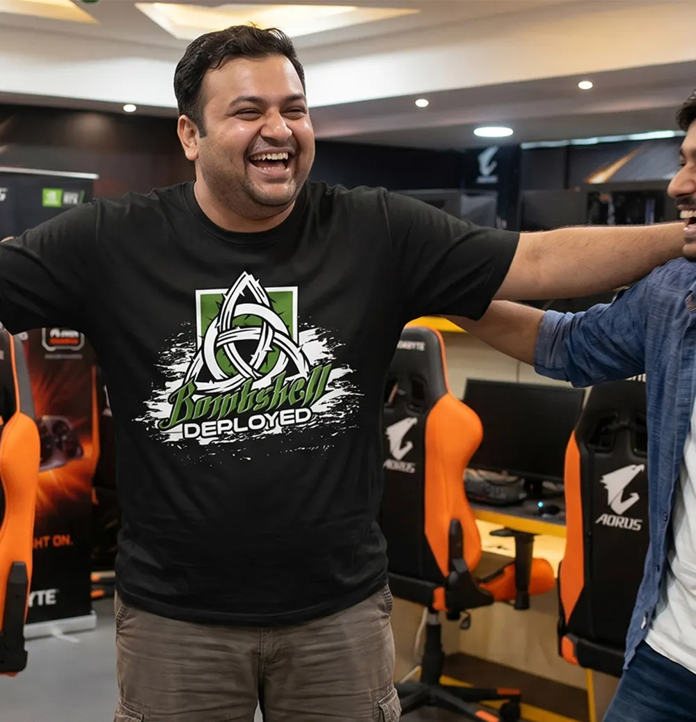 Chubby Man wearing Bombshell Gaming T-shirt