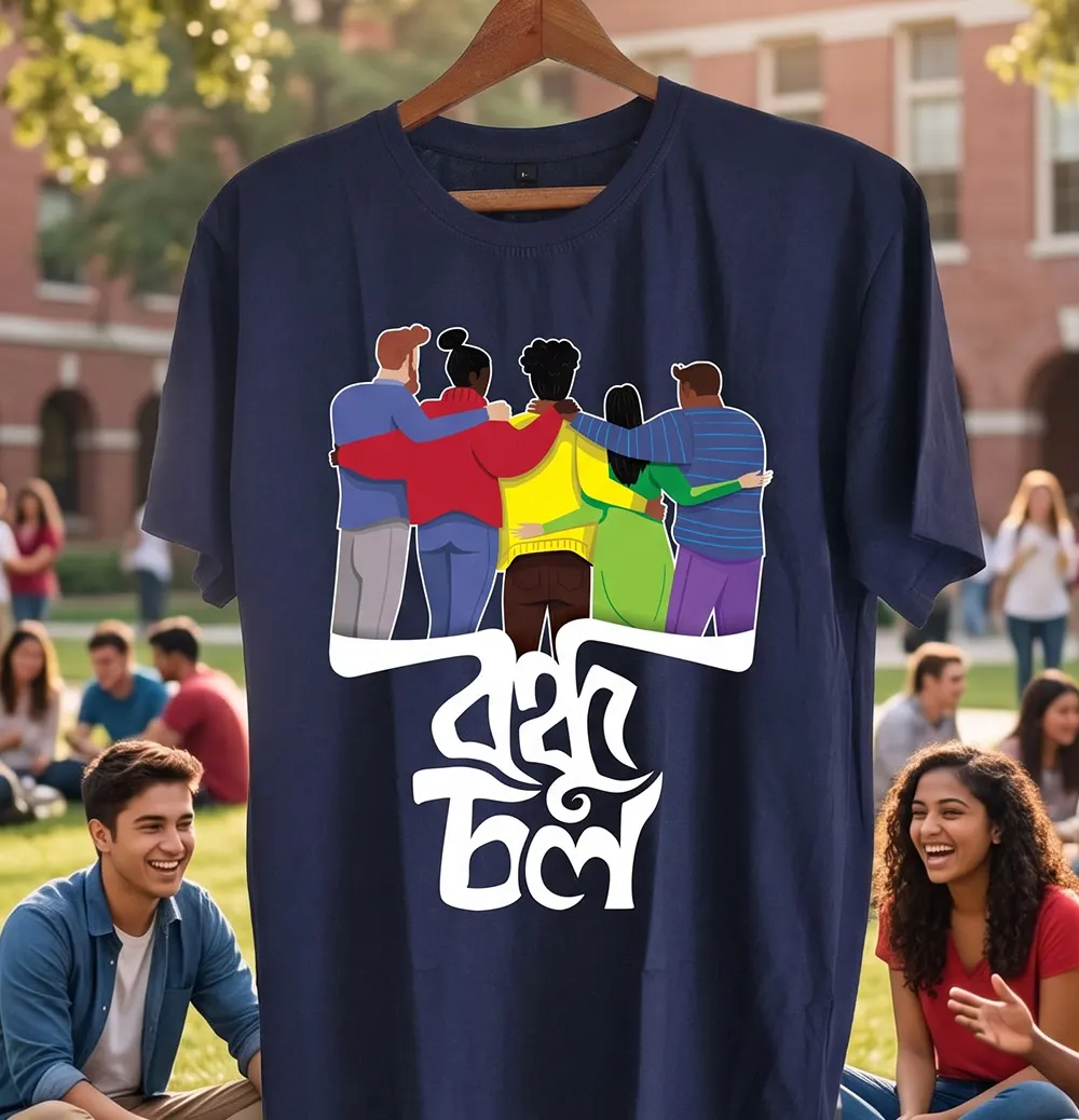Bondhu Chol Bengali T-shirts worn by Group of Friends