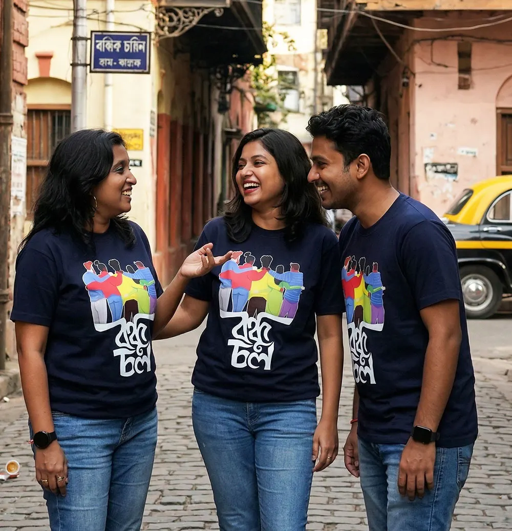 Bondhu Chol Bengali T-shirts worn by Three Friends