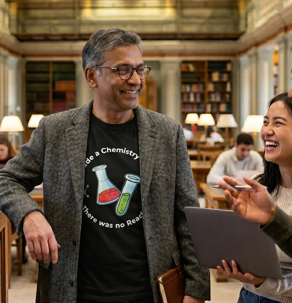 Professor wearing Chemistry Joke Science Themed T-shirt