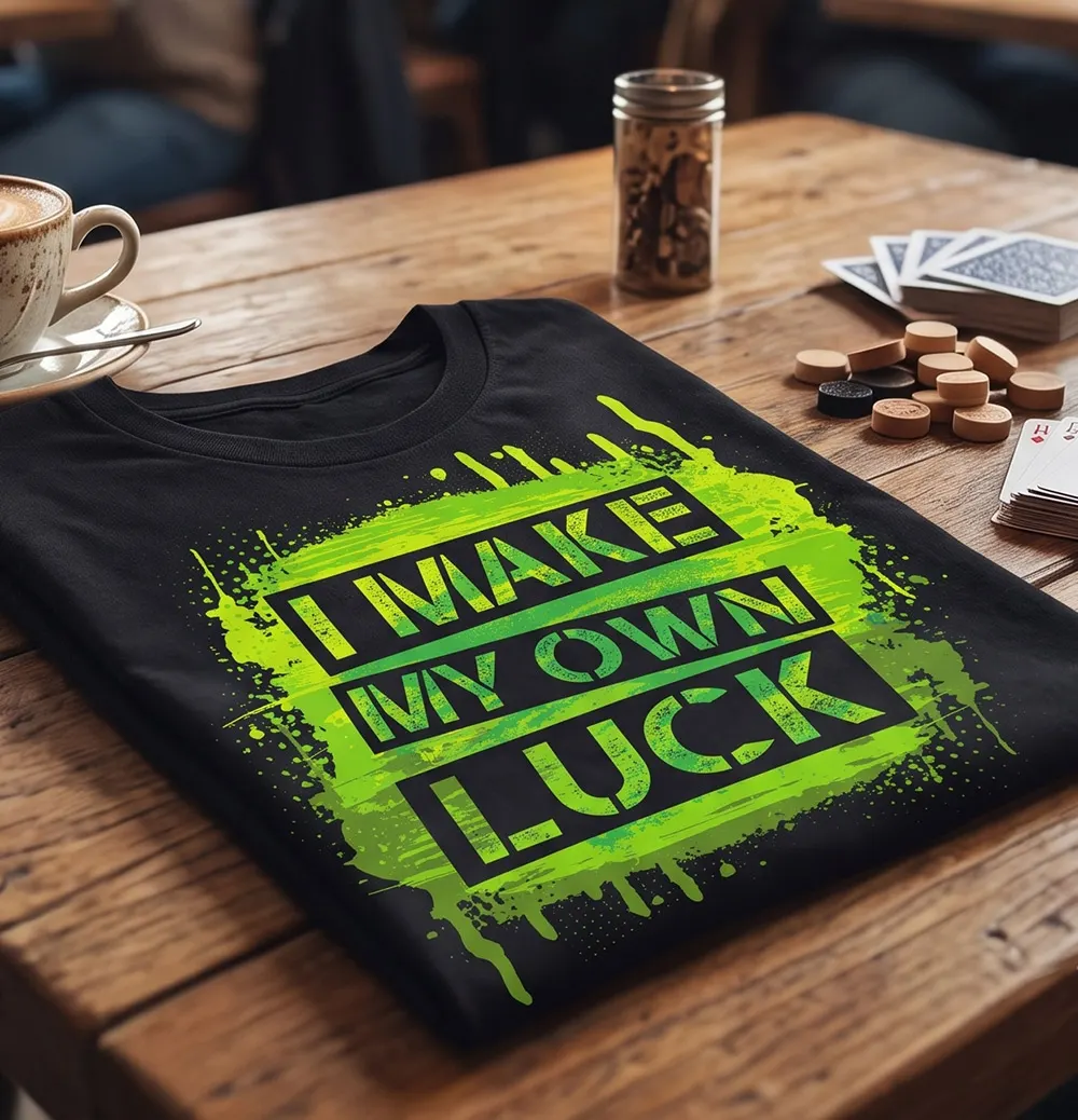 Girl wearing I Make My Own Luck T-shirt and giving pose