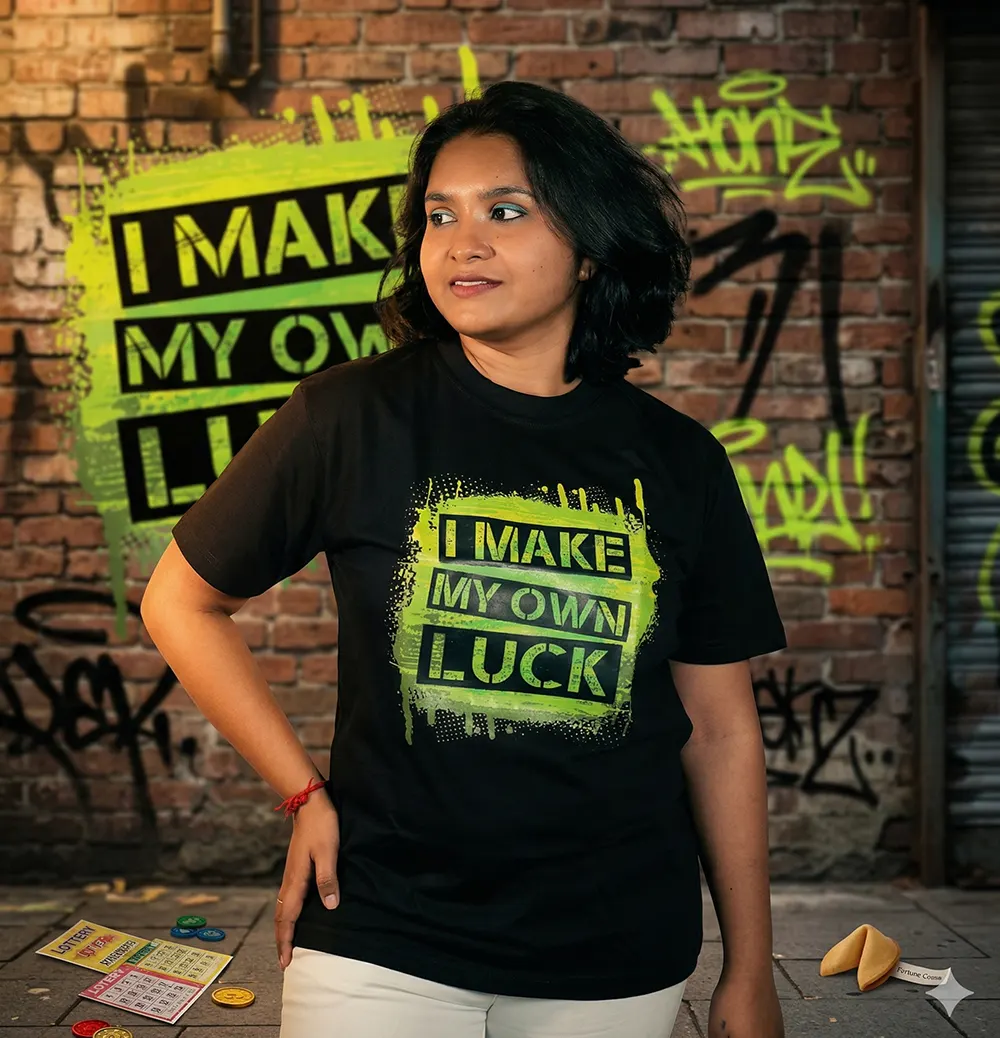 Girl wearing I Make My Own Luck T-shirt and giving pose