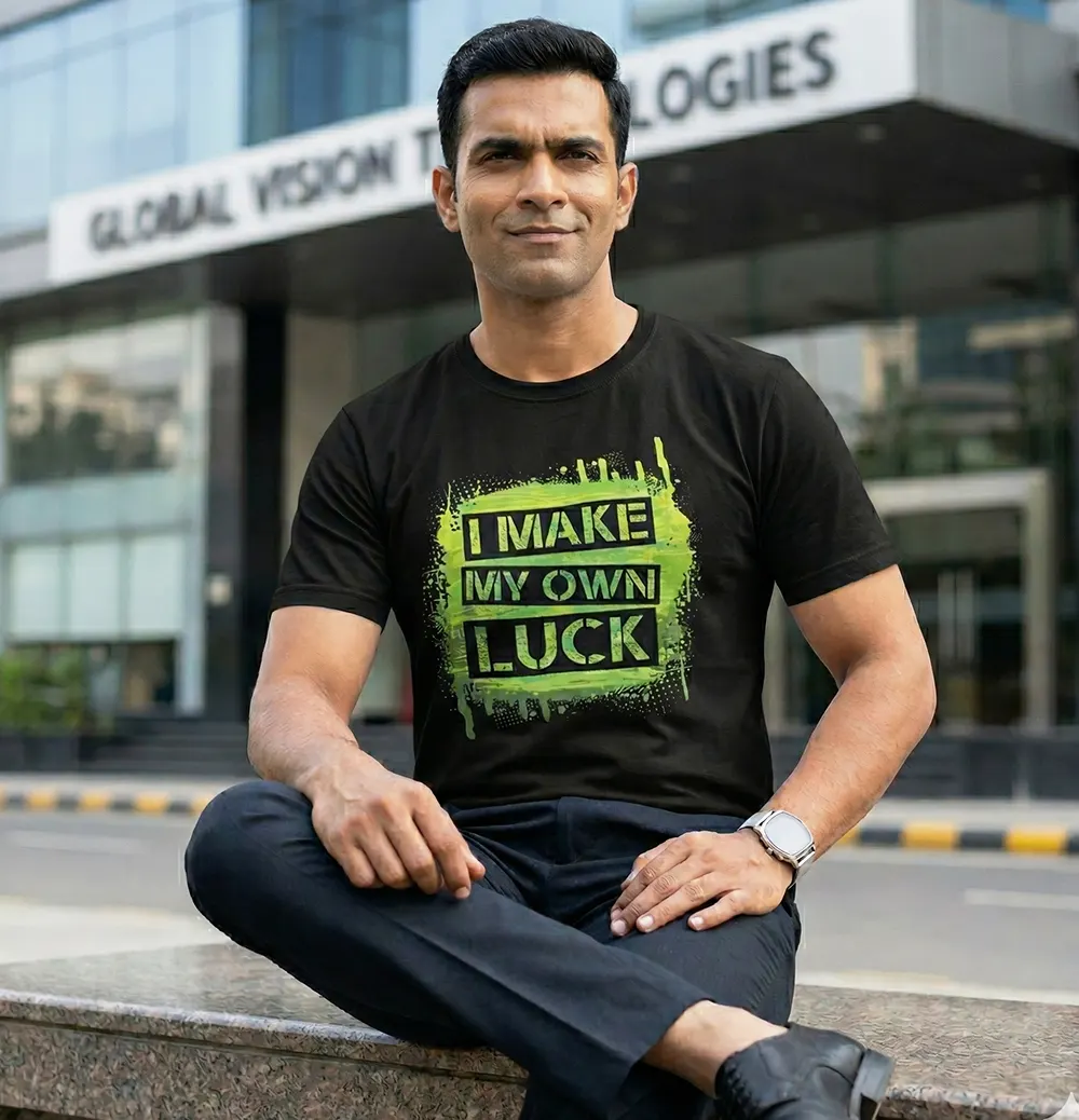 Man wearing I Make My Own Luck T-shirt and gsitting infront of the office