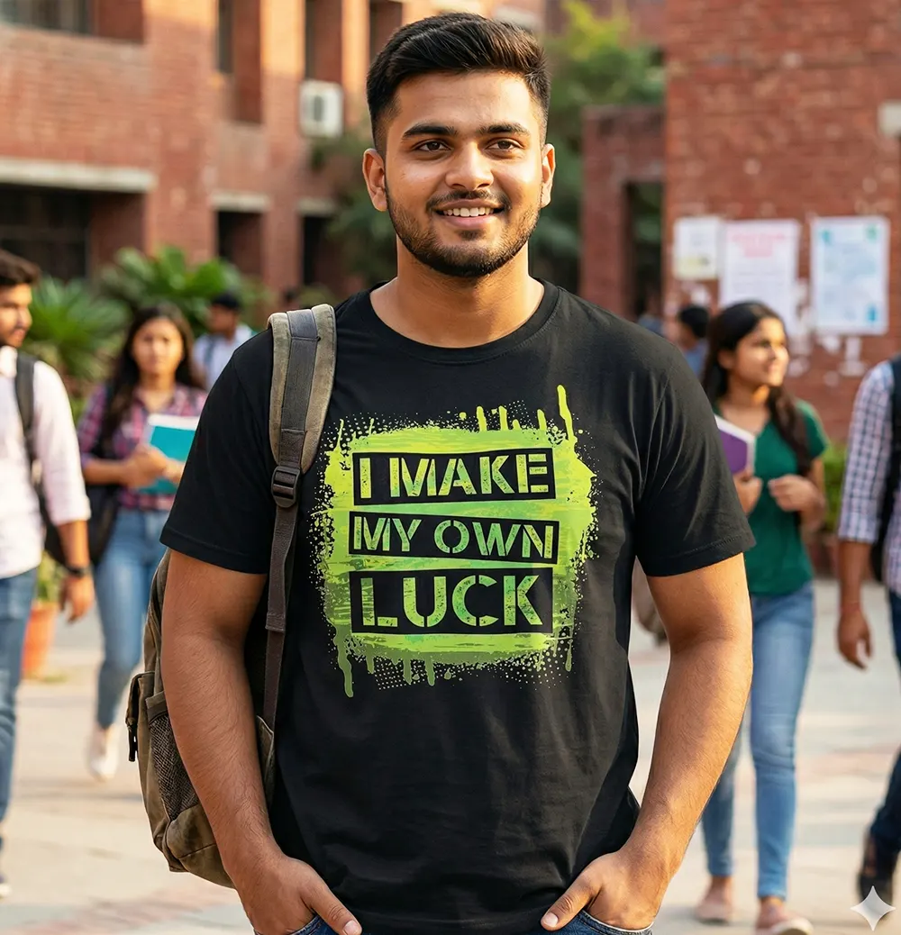 Girl wearing I Make My Own Luck T-shirt and giving pose