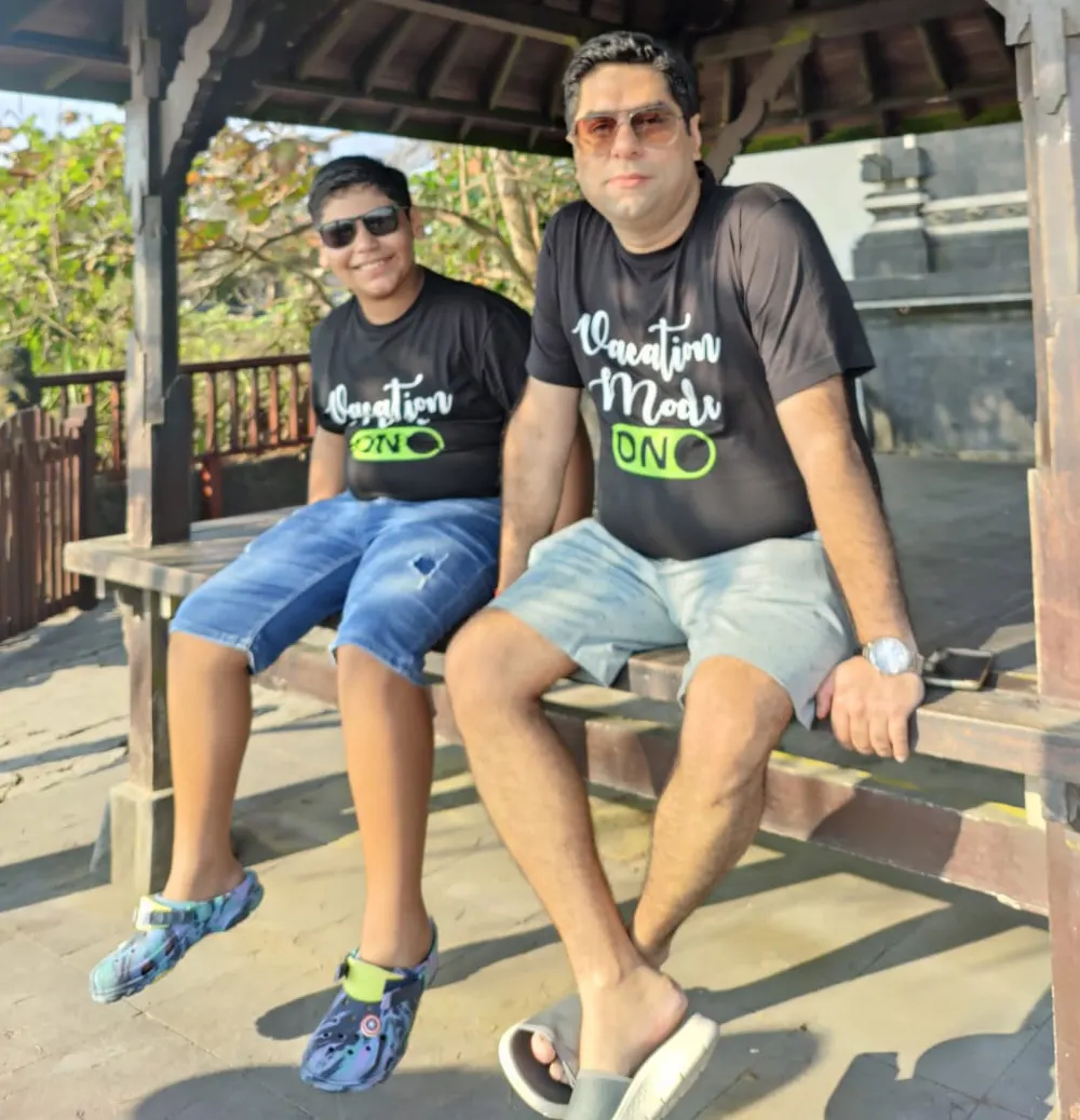 Son and Father wearing Lost in the Mountain T-shirt